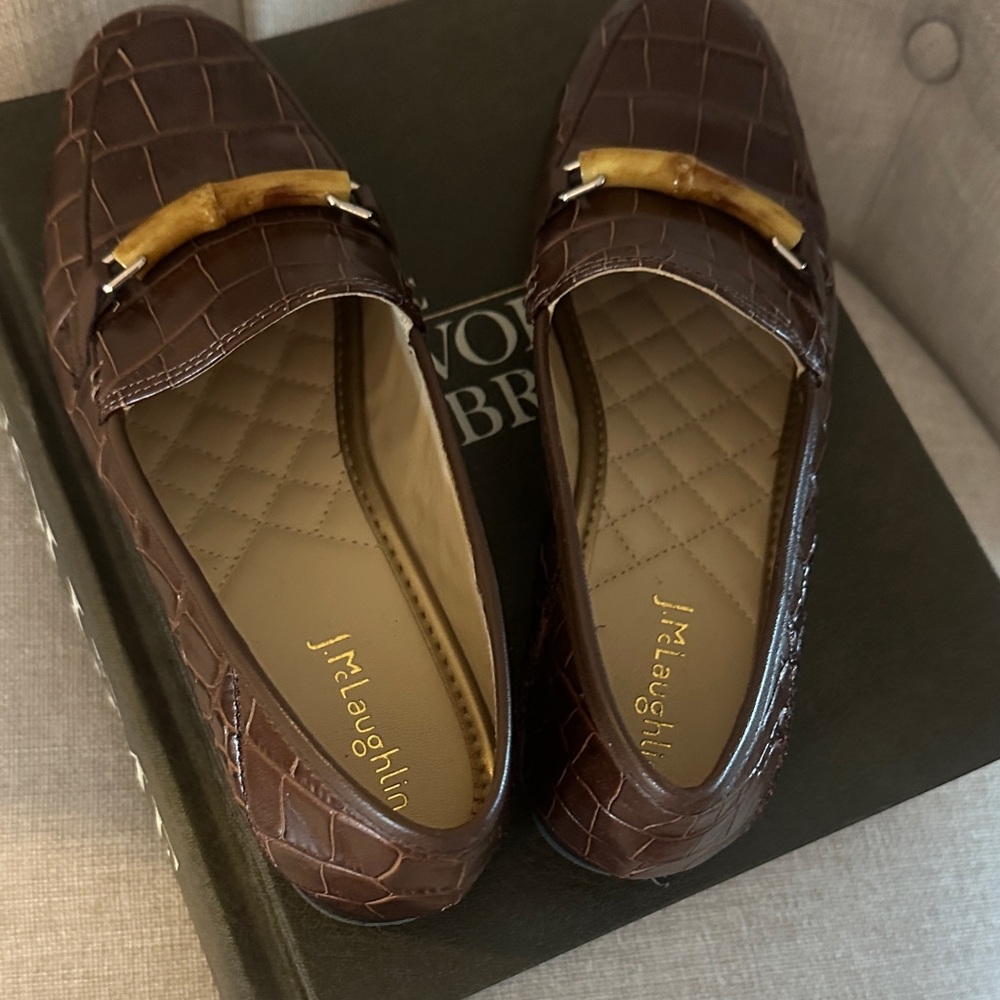 J. McLaughlin Dk Brown Crocodile embossed Loafers w/Bamboo Accent real leather